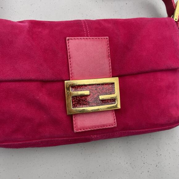 FENDI Mamma Baguette Pink Suede Gold Glitter Flap Shoulder Bag Purse - Picture 3 of 16